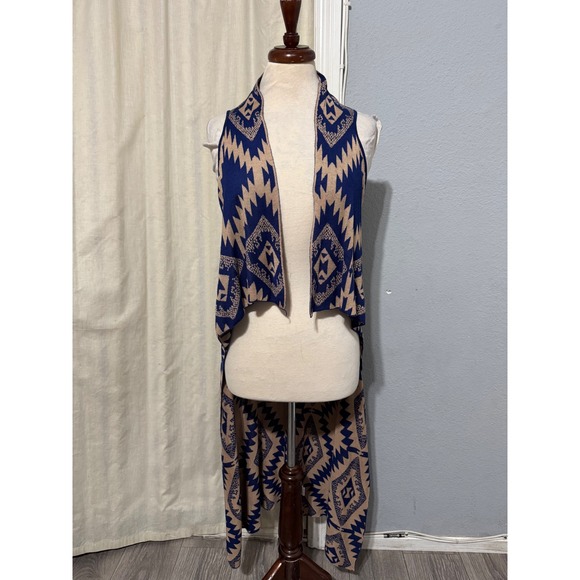 Timing Aztec Print Duster Vest Women's M/L Blue Tan Open Front Long Cardigan - Picture 2 of 10